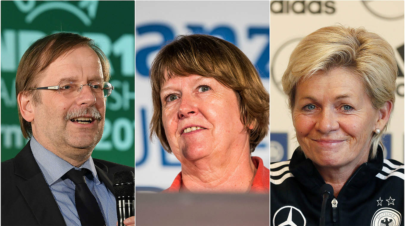 Prominente DFB-Ehrungsdelegation: Silvia Neid (r.), Hannelore Ratzeburg, Rainer Koch © GettyImages/DFB