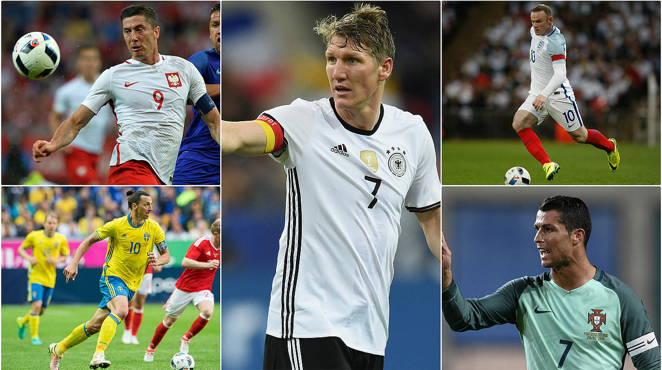 Anführer bei der EM: Schweinsteiger (M.), Lewandowski, Rooney, Ronaldo, Ibrahimovic © Getty/DFB