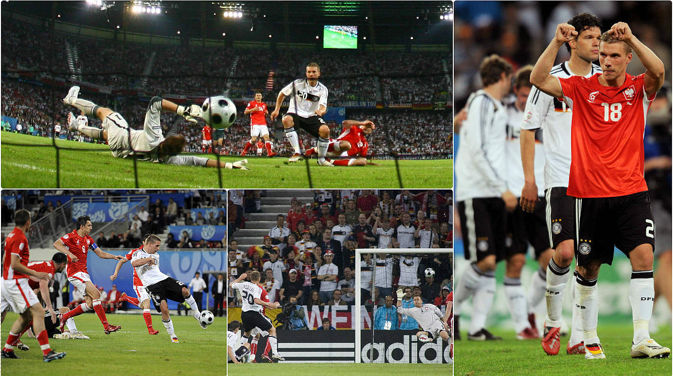 Doppelpack im ersten EM-Spiel 2008: Lukas Podolski besiegt Polen nahezu im Alleingang © imago/DFB