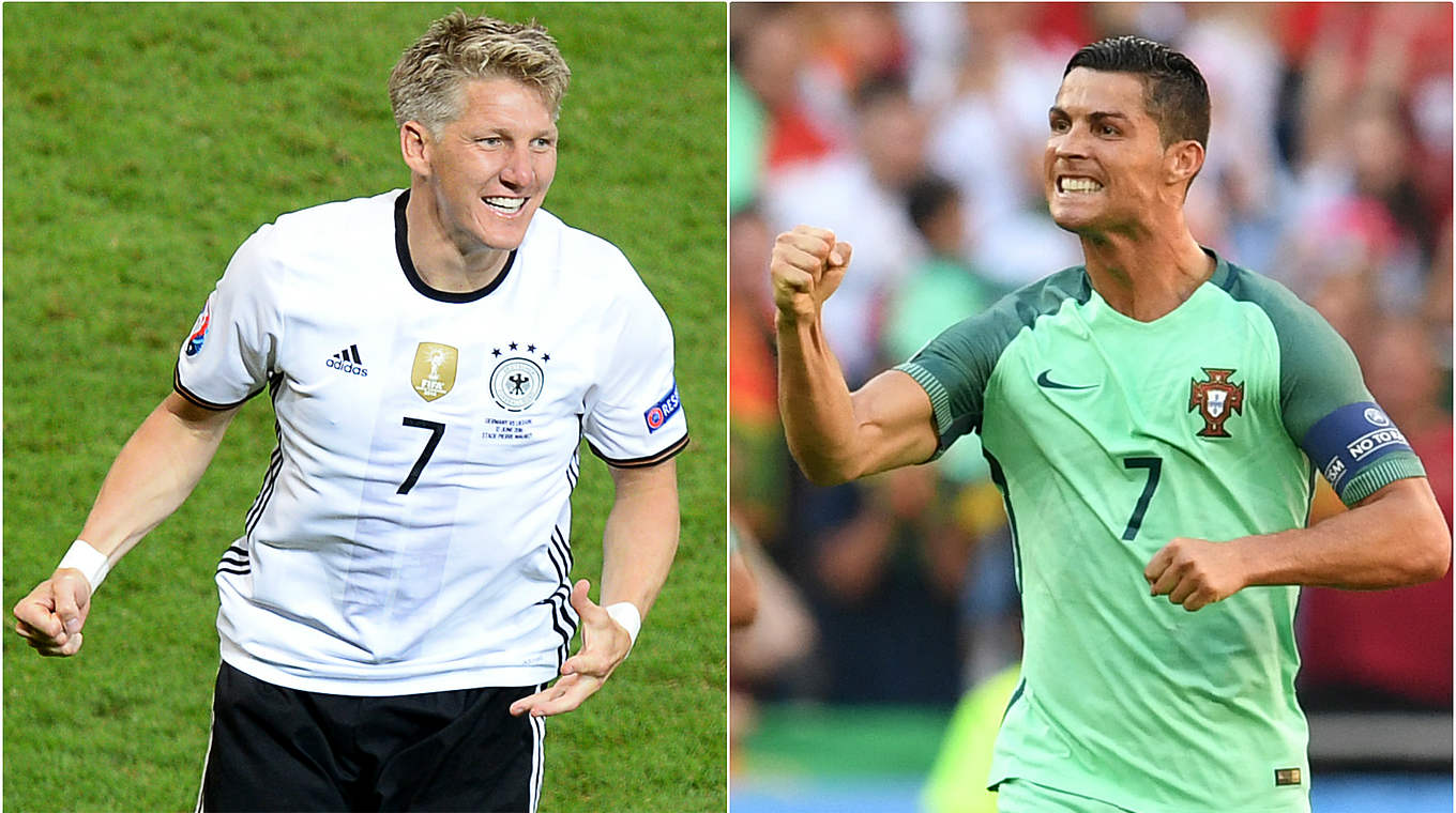 Seit 2004 immer eine Torbeteiligung bei EM-Endrunden: Schweinsteiger (l.) und Ronaldo © Getty/DFB
