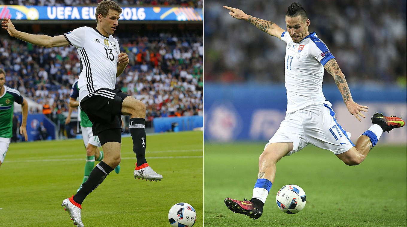 Auf Torejagd: Der Weltmeister Thomas Müller (l.) trifft auf den Slowaken Marek Hamsik © ODD ANDERSEN, MARTIN BUREAU/AFP/Getty Images