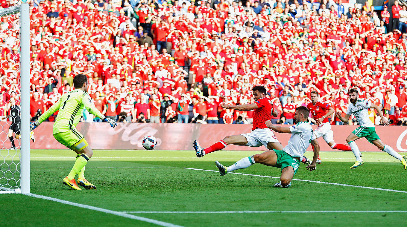 Nothing he could do: Gareth McAuley turns Bale's cross into his own net © 2016 Getty Images