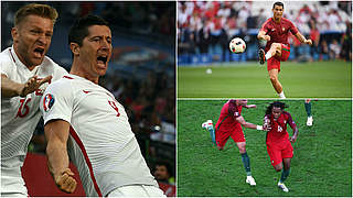 Protagonisten des Viertelfinals: Lewandowski (l.) sowie Ronaldo (o.) und Sanches © GettyImages/DFB