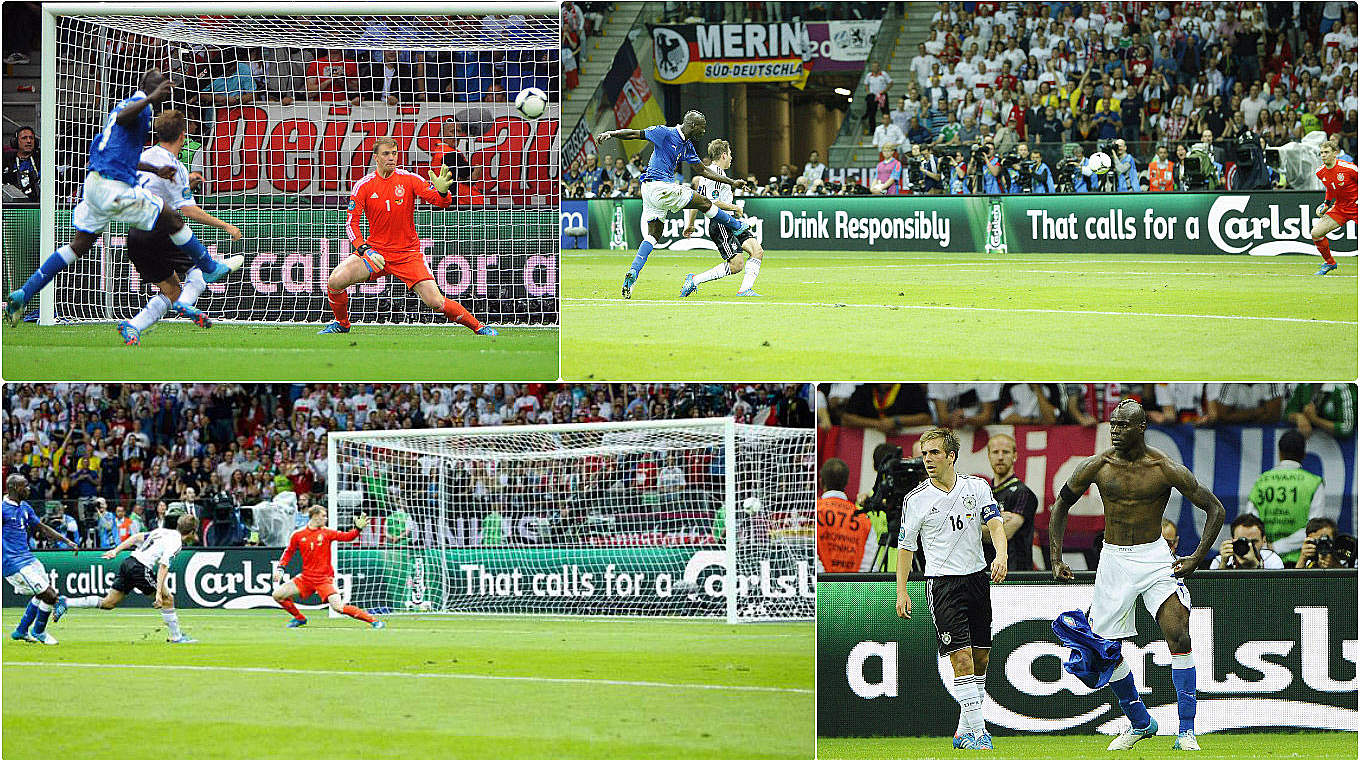 Lahm und Neuer sind ohne Chance: Balotelli markiert Italiens 2:0 im EM-Halbfinale 2012 © imago/DFB
