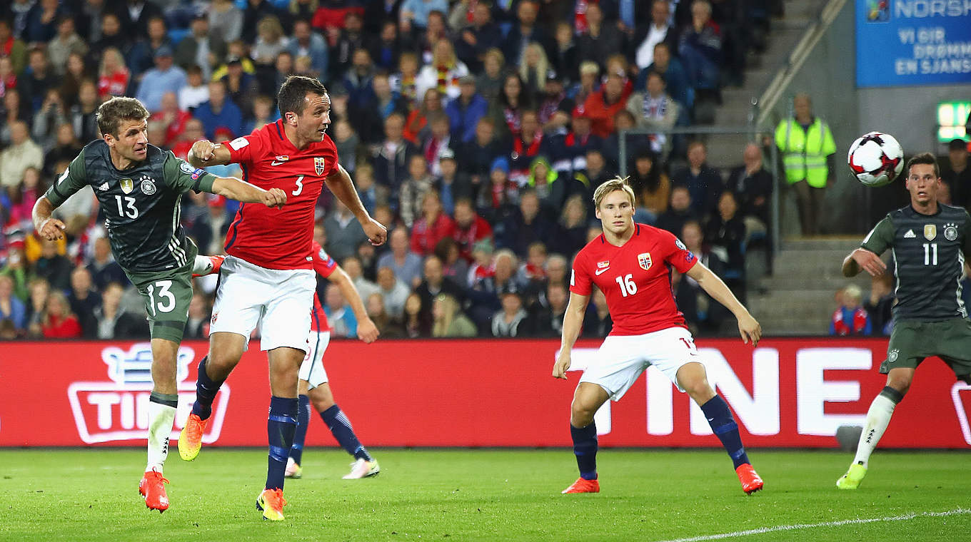 Thomas Müller heads in his 34th goal for Germany to make it 3-0. © 2016 Getty Images