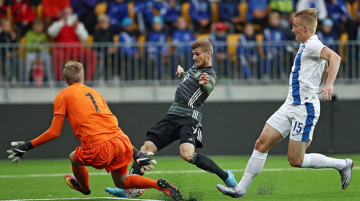 Timo Werner tries to beat Finland goalkeeper Otso Virtanen © 2016 Getty Images