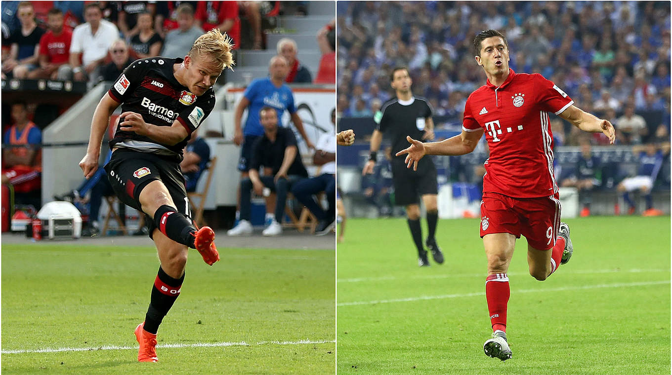 Führende der Torjägerliste: Bayers Pohjanpalo (l.) und Lewandowski vom FC Bayern © GettyImages/DFB