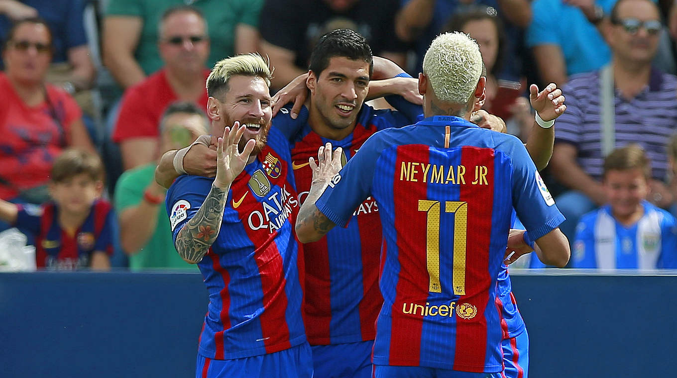 Traumsturm mit Torgarantie: Barcas Lionel Messi, Luis Suarez und Neymar (v.l.) © 2016 Getty Images