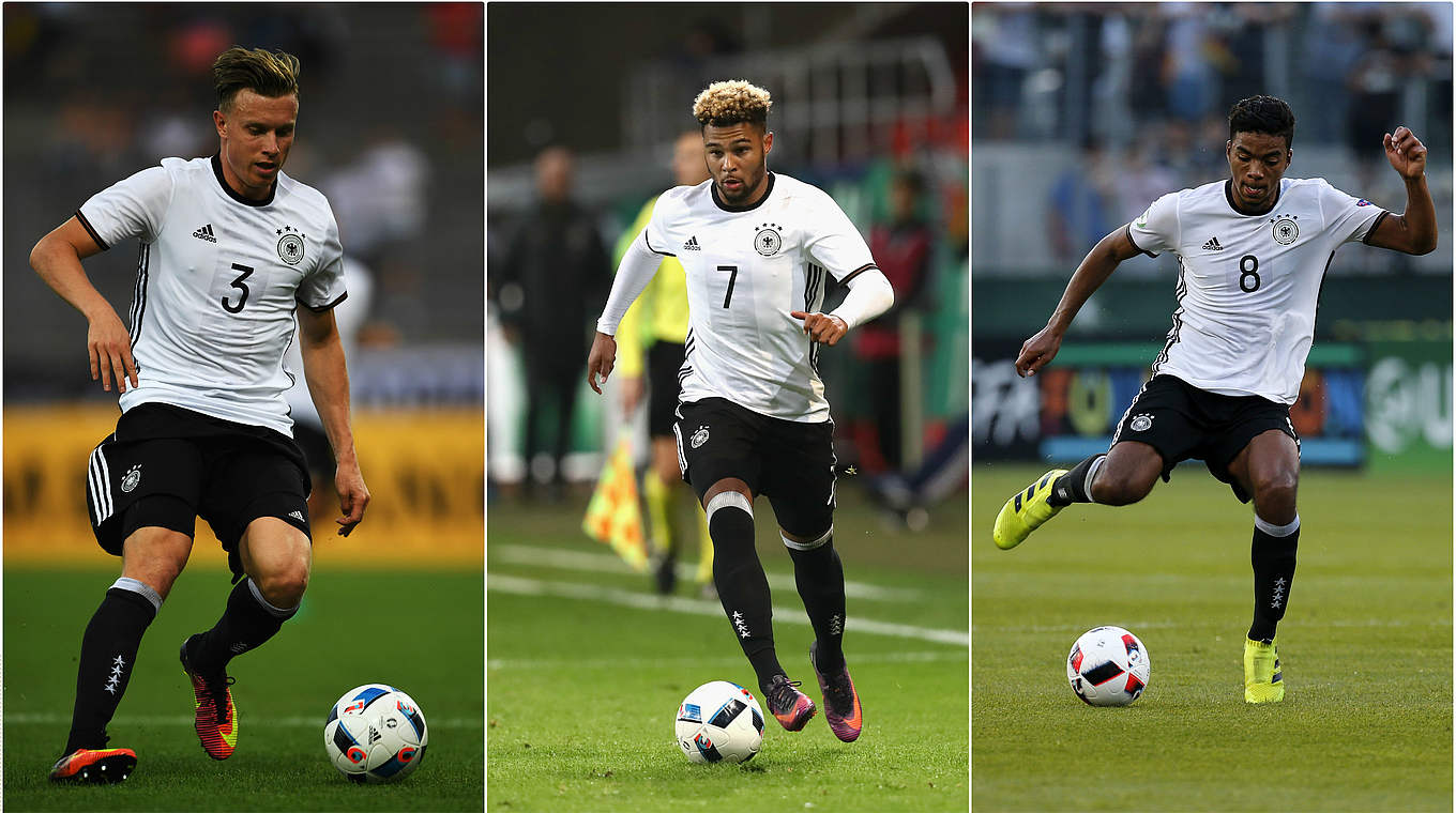 "Gute Leistungen in den letzten Monaten registriert": Gerhardt, Gnabry, Henrichs (v.l.) © Getty Images/DFB