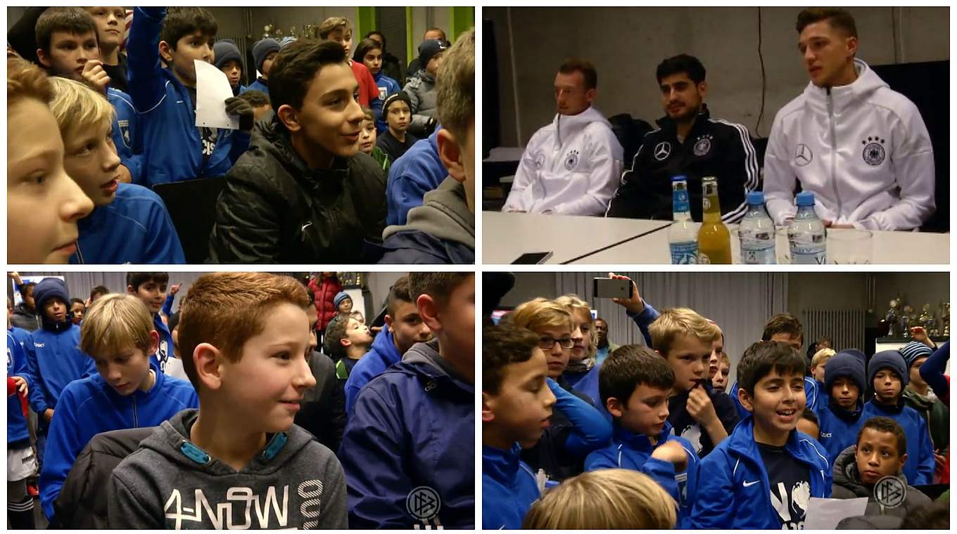 Leuchtende Augen: Die Kinder stellen Maximilian Arnold und Niklas Stark viele Fragen © DFB-TV