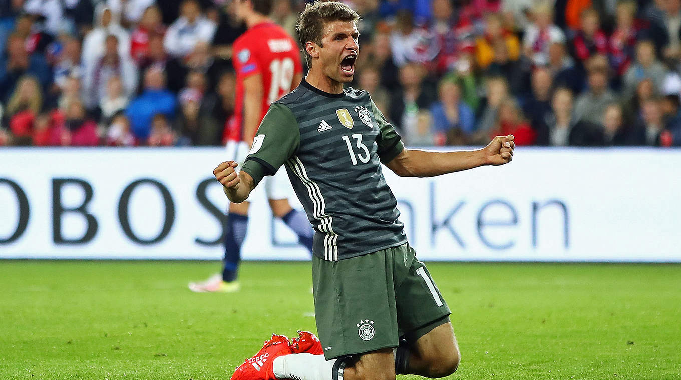 Die meisten Länderspieltore 2016: Thomas Müller jubelt fünfmal im Dress des DFB-Teams © 2016 Getty Images