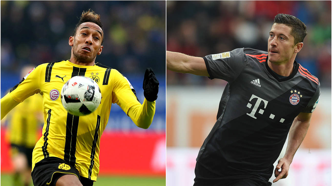 Wettballern geht weiter: BVB-Stürmer Aubameyang (l. ) gegen Bayern-Profi Lewandowski © getty/dfb