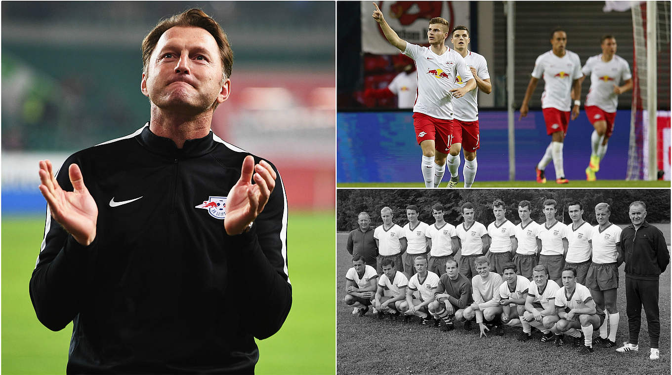 Jagt den Siegrekord des FC Bayern 1965 (u.r.): Hasenhüttl (l.), Werner und RB Leipzig © GettyImages/DFB/imago