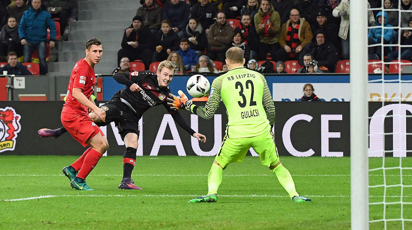 Julian Brandt scores Leverkusen's second goal against RB Leipzig. © imago/Jan Huebner