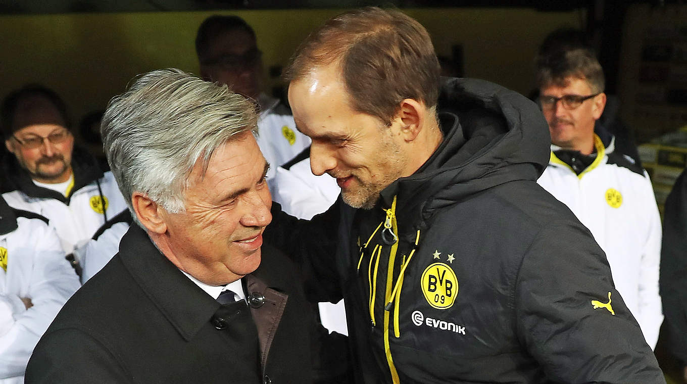 Duell an der Seitenlinie: Bayern-Trainer Ancelotti (l.) mit BVB-Coach Tuchel © 2016 Getty Images