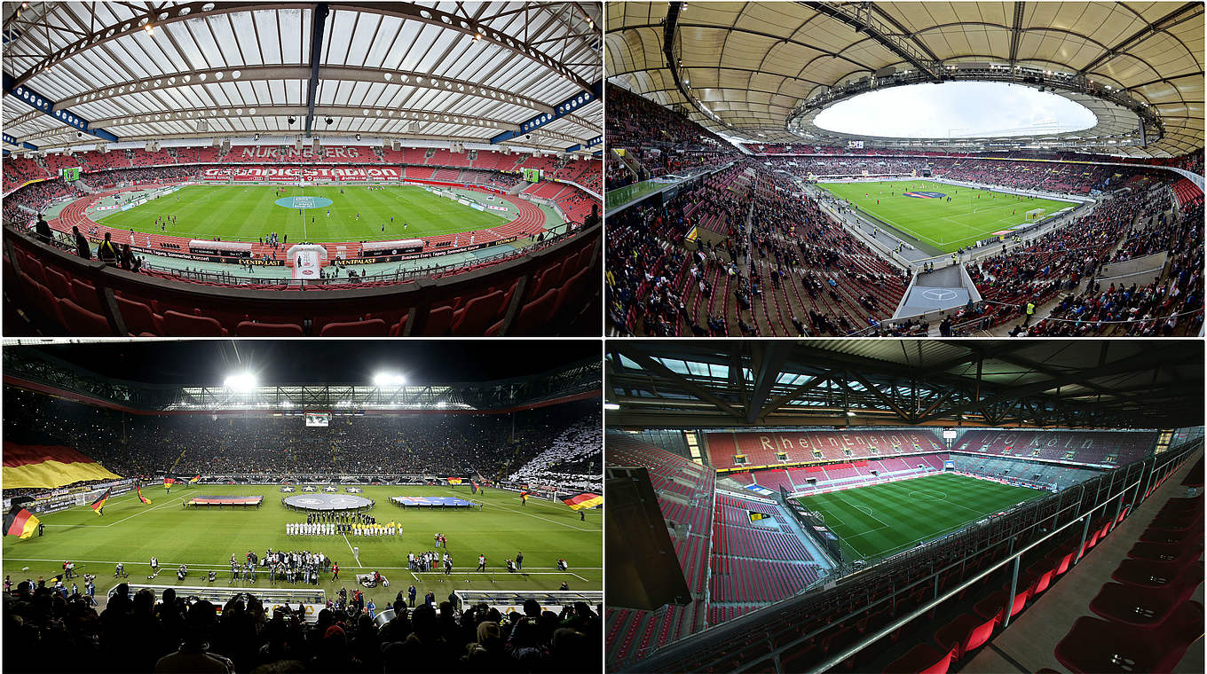 Vier Stadien, vier Spiele: Nürnberg, Stuttgart, Köln, und Kaiserslautern (im Uhrzeigersinn) © GettyImages/DFB