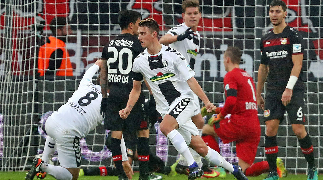 Janik Haberer scores the winner for Freiburg in Leverkusen © 2016 Getty Images