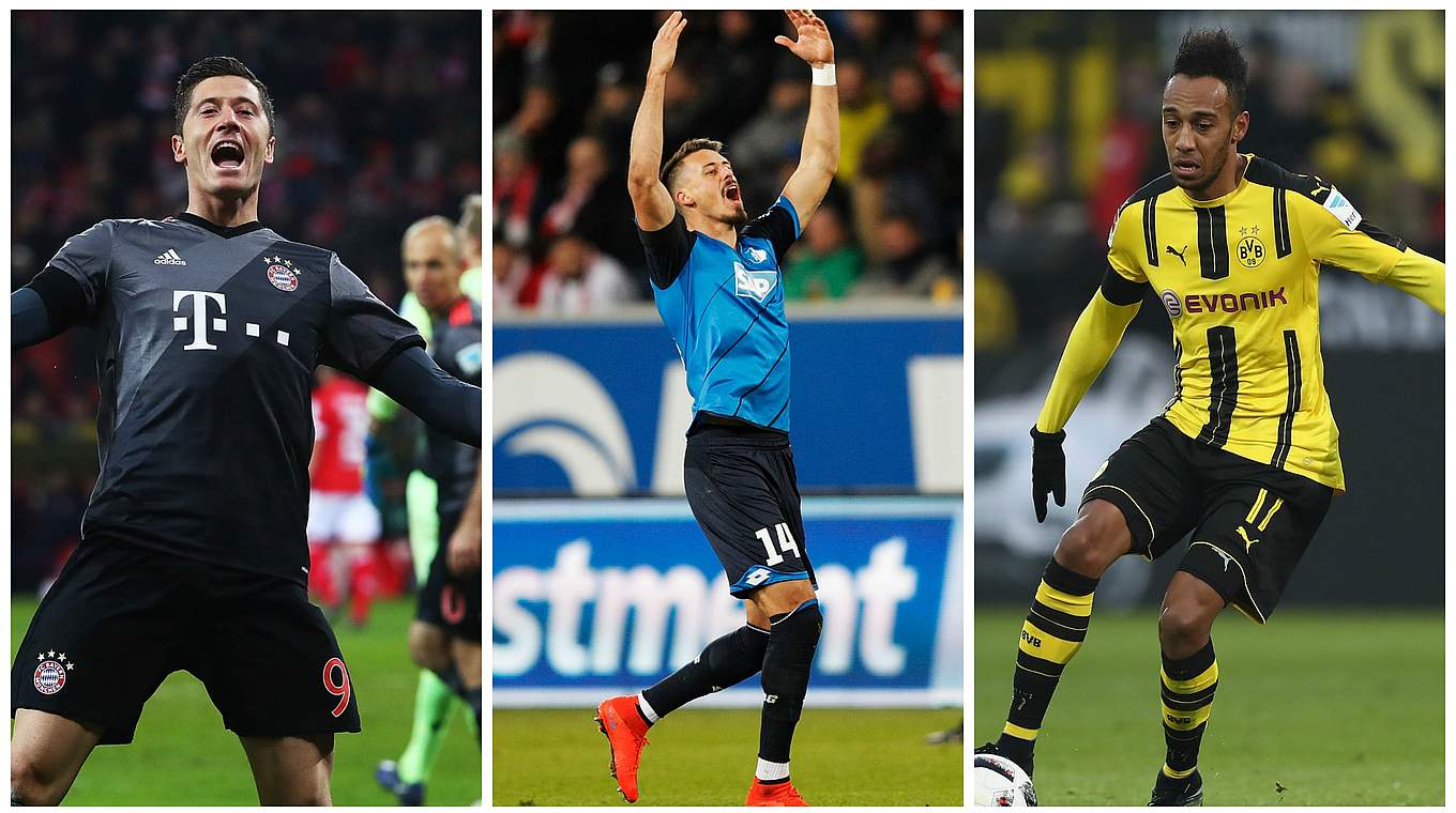 Doppelpack hoch drei an Spieltag 13: Lewandowski, Wagner, Aubameyang (v.l.) © Getty Images/DFB