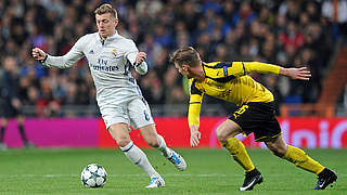 Toni Kroos takes on Lukasz Piszczek in last night's Champions League clash with BVB © 2016 Getty Images