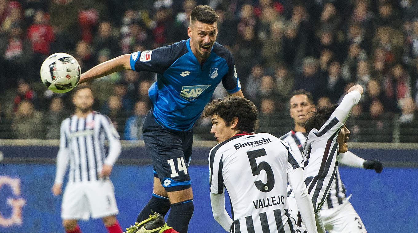 Striker Sandro Wagner gets up high to win a header in Frankfurt © 2016 Getty Images