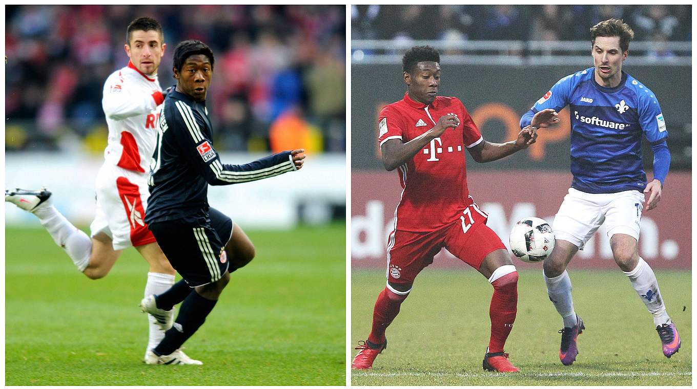 Erster Ligaeinsatz im März 2010 (l.), nun steht Nummer 150 für Bayern an: David Alaba © imago/Getty Images/DFB