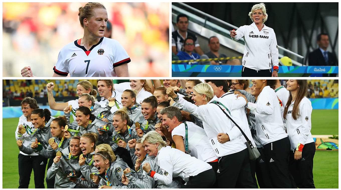 Olympisches Gold in Rio de Janeiro 2016: Melanie Behringer (o.l.) und Silvia Neid (o.r.) © AFP/Getty Images/DFB