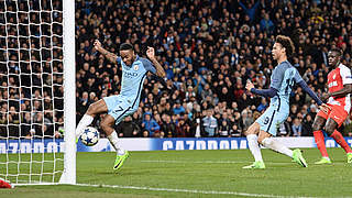 Leroy Sané scores the last of eight goals in City's 5-3 win. © AFP/Getty Images