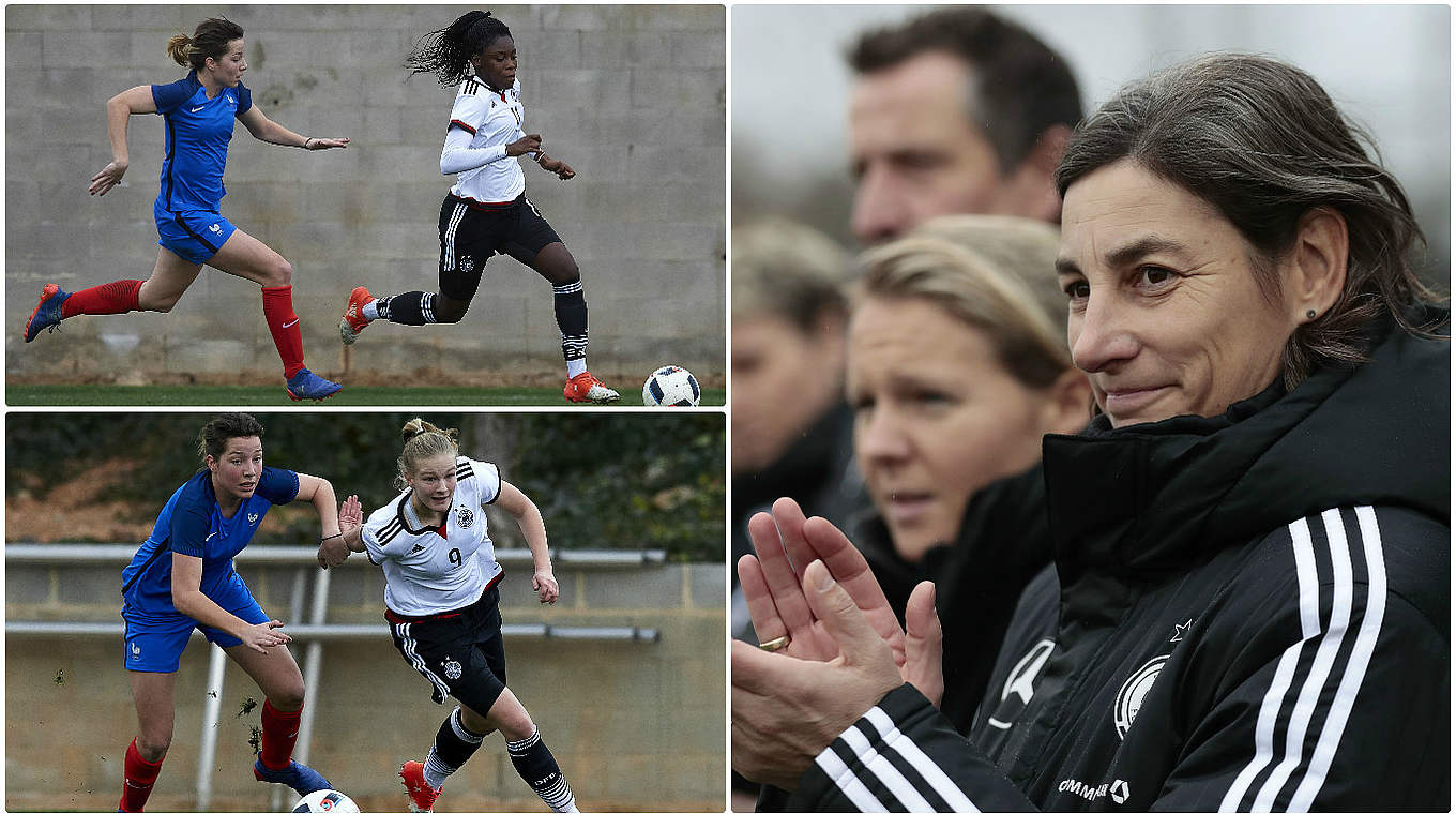Dreht die Partie in Frankreich: die deutsche U 17 mit Trainerin Bernhard (r.) © Getty Images/Collage DFB