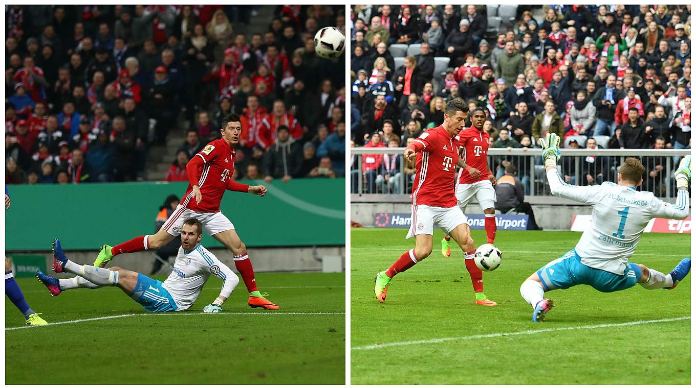 Finde den Unterschied: Lewandowski trifft per Lupfer gegen Schalke - in Pokal und Liga © imago/Getty Images/Collage DFB