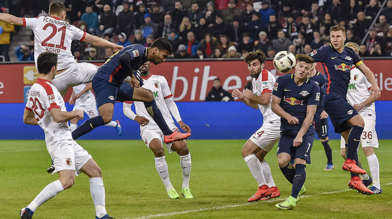 Marvin Compper heads into the corner to give Leipzig the lead. © AFP/Getty Images