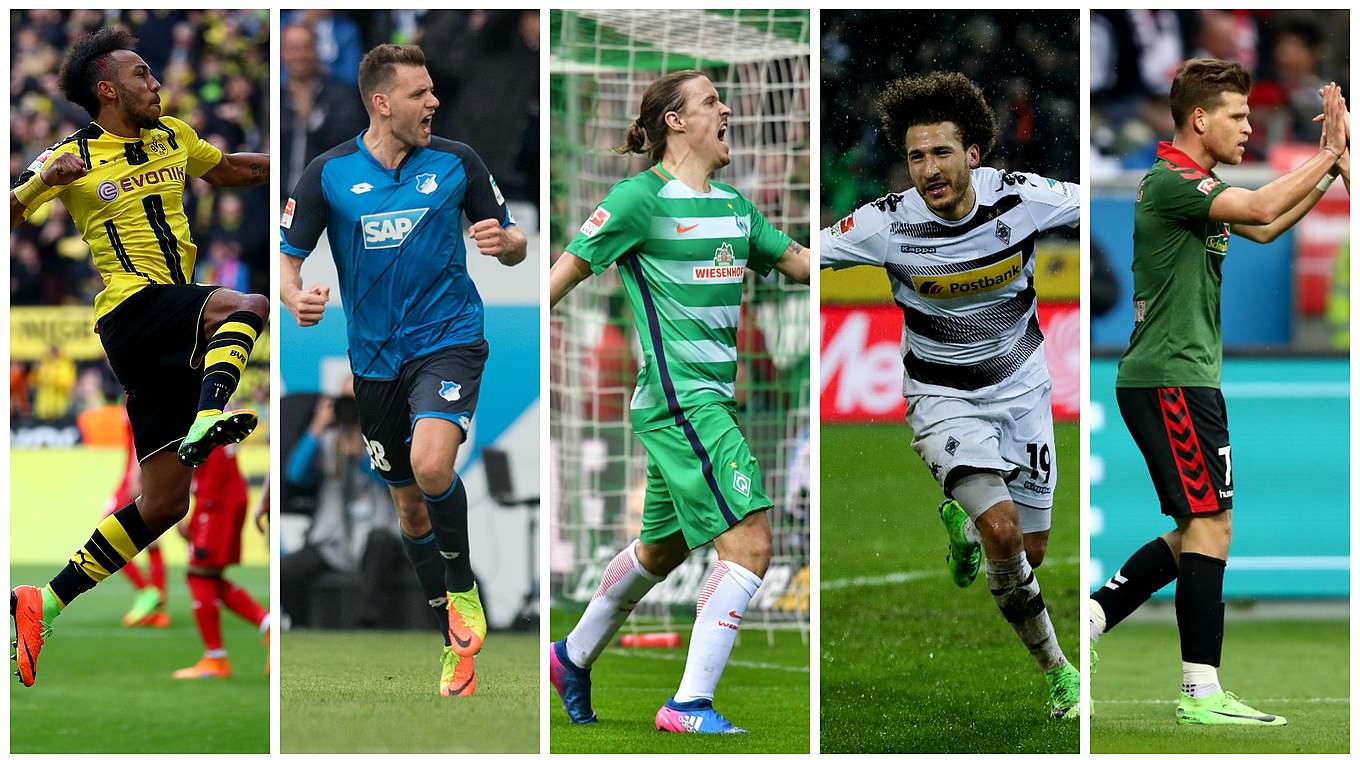 Fünf Doppelpacker am Spieltag: Aubameyang, Szalai, Kruse, Johnson und Hinterlechner (v.l.)
 © Getty Images/Collage DFB