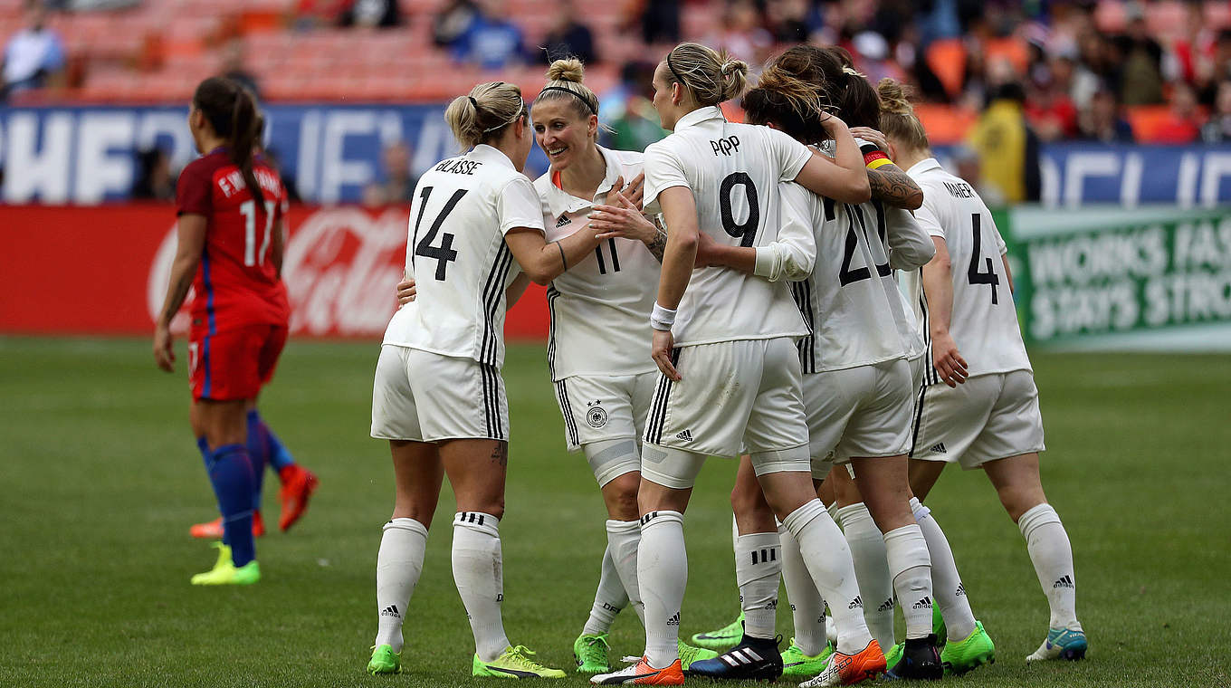 Joy: Celebrating their first win of the SheBelieves Cup © 2017 Getty Images