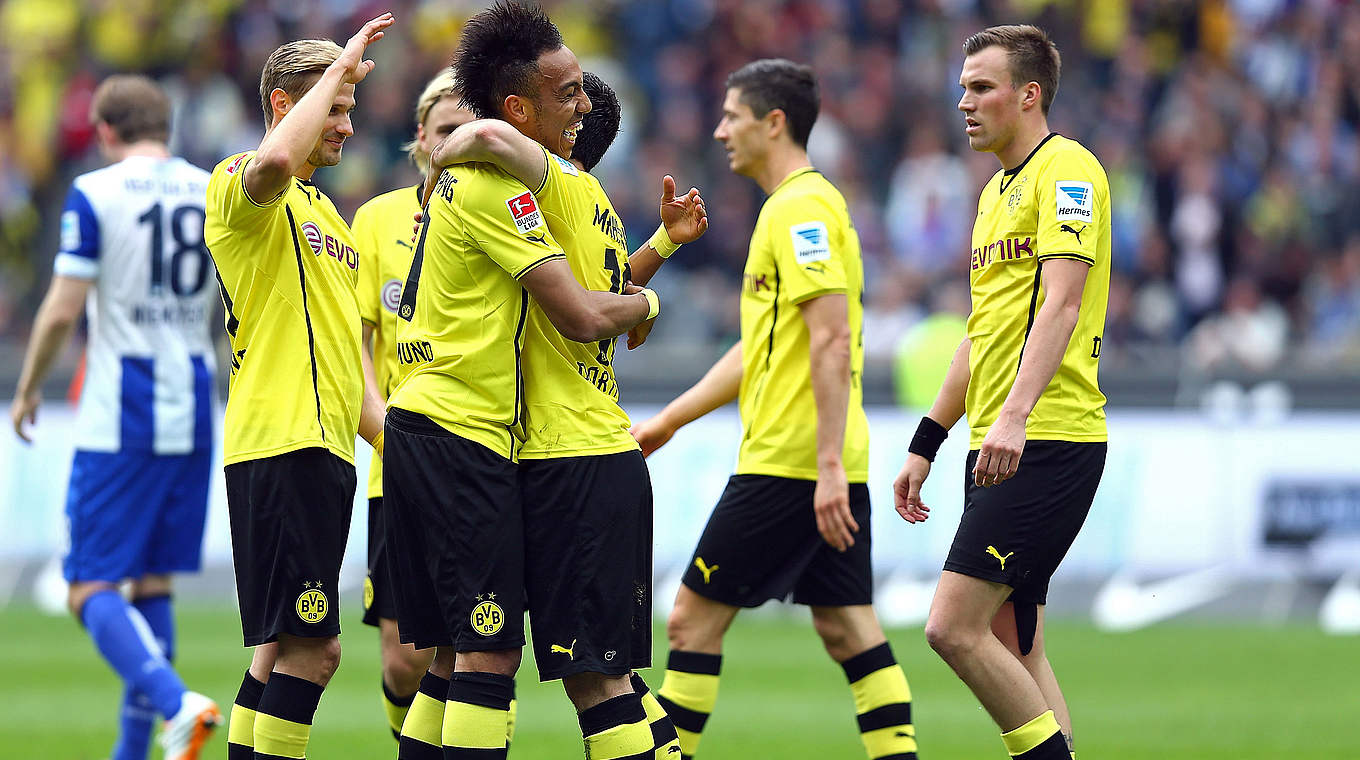 Der höchste Auswärtssieg: Aubameyang (v.) und der BVB siegen 2014 mit 4:0 in Berlin © 2014 Getty Images