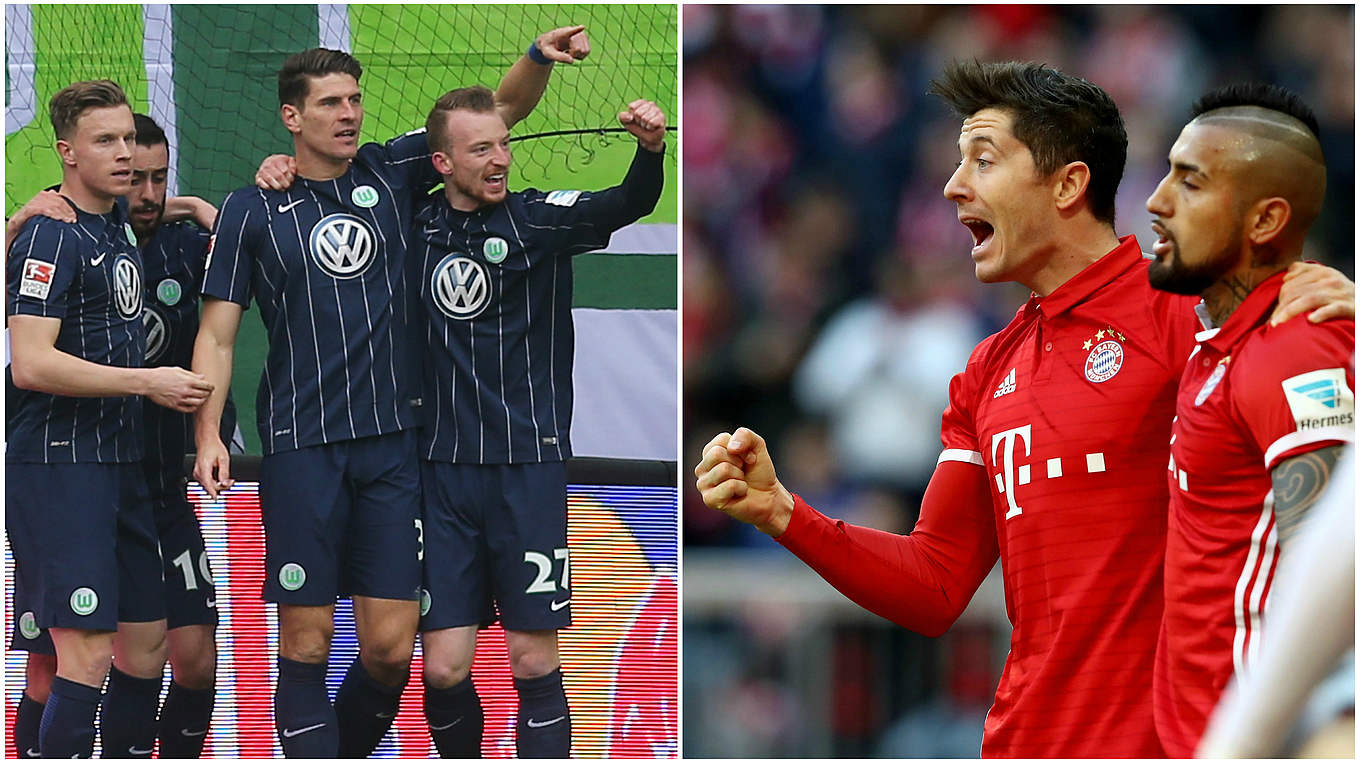 Gomez (3.v.l.) schießt Wolfsburg zum Sieg: Bayern um Lewandowski (2.v.r.) profitiert © Getty Images/Collage DFB