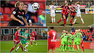 Vier fürs Halbfinale: Leverkusen (o.l.), Freiburg (o.r.), Wolfsburg (u.r.) und Sand © Getty Images/Collage DFB