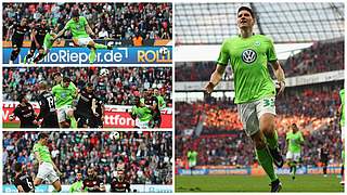Viertschnellster Hattrick in 54 Jahren Bundesliga: Mario Gomez vom VfL Wolfsburg © Getty Images/Collage DFB