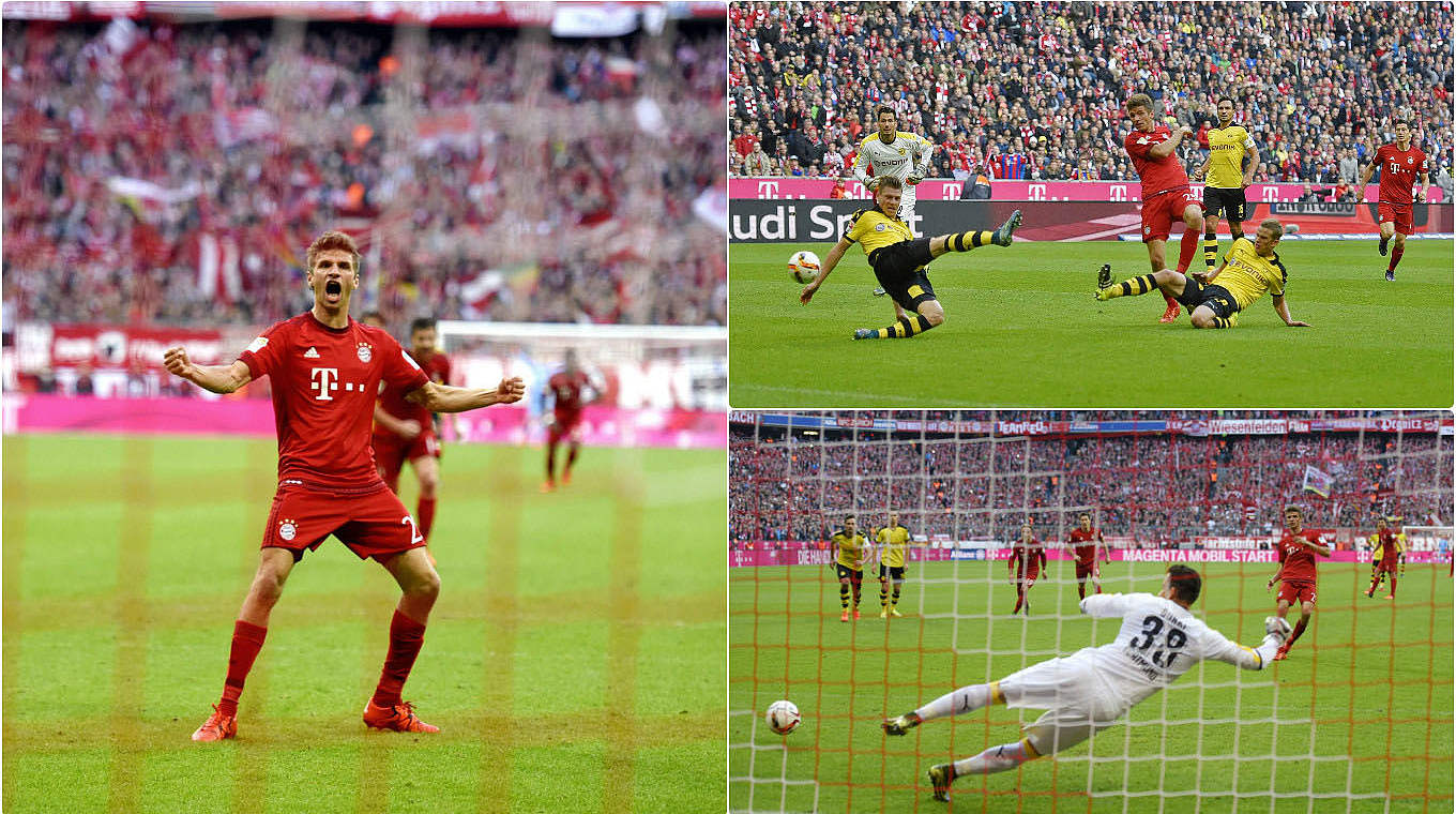 Doppelpack zur Führung 2015: Thomas Müller bejubelt seine Tore gegen den BVB  © imago/Collage DFB