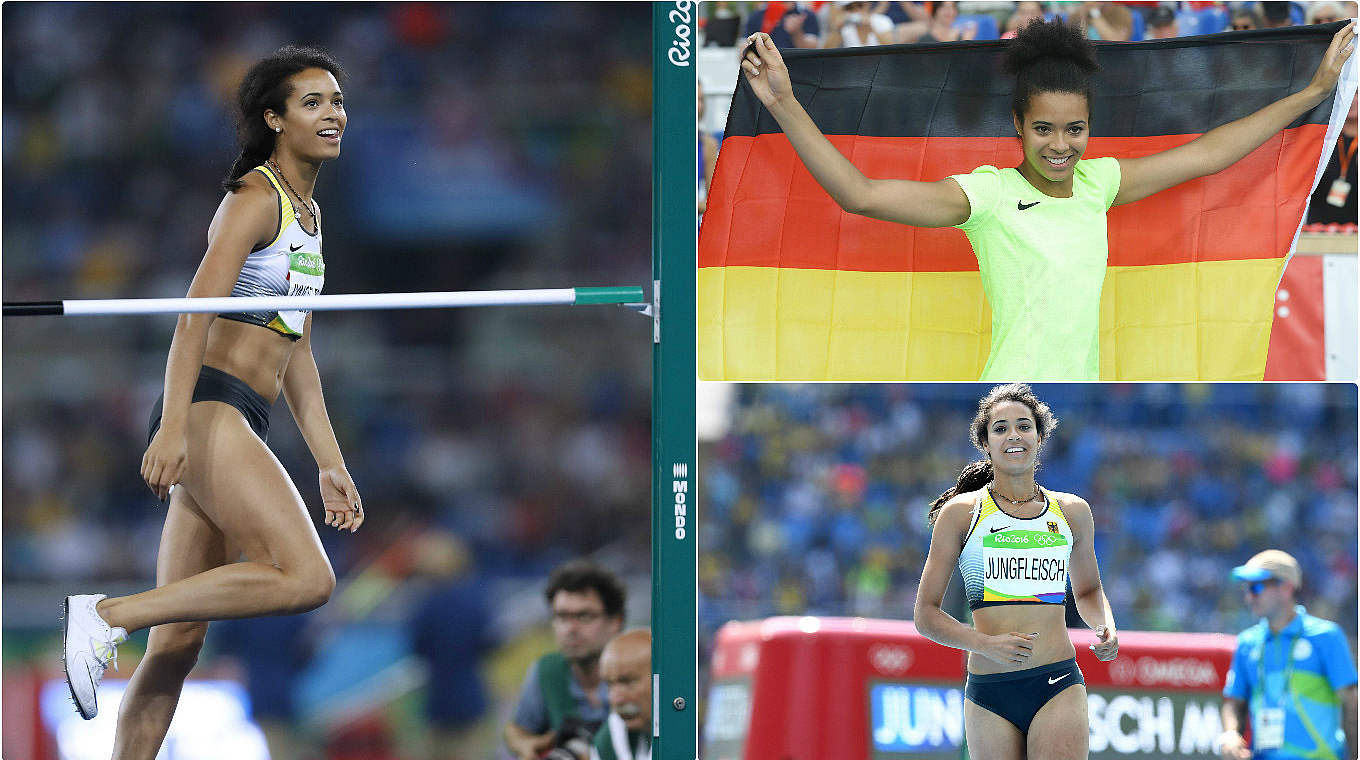 Olympiateilnehmerin in Rio und Fußballfan: Hochspringerin Marie-Laurence Jungfleisch © imago/Collage DFB