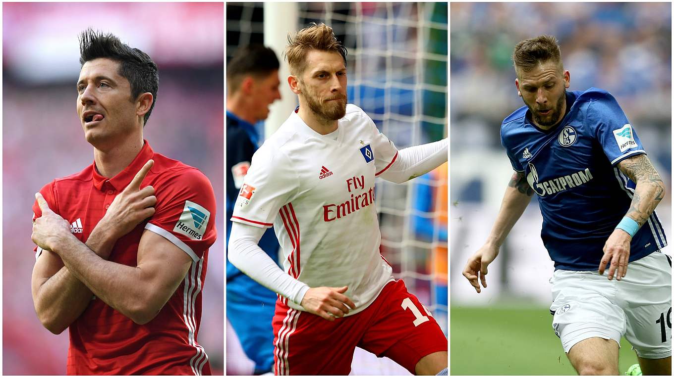 Dreimal doppelter Torjubel an Spieltag 28: Lewandowski, Hunt und Burgstaller (v.l.) © Getty Images/Collage DFB