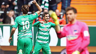 Goalscorers Fin Bartels and Max Kruse celebrate after the 2-0 win over Hertha.  © 2017 Getty Images