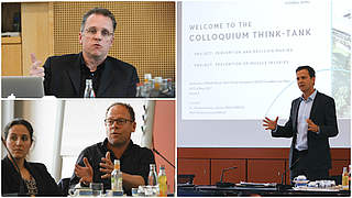 Praxistaugliche Lösungen entwickeln: Oliver Bierhoff (r.) eröffnet das Kolloquium © Collage DFB