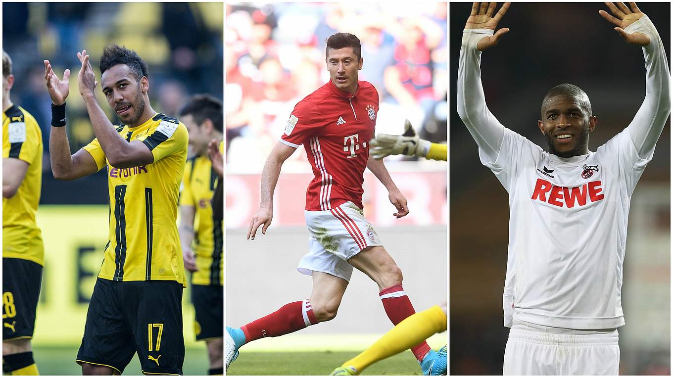 Historisches Trio mit mehr als 25 Toren: Aubameyang, Lewandowski, Modeste (v.l.) © AFP/Getty Images/Collage DFB