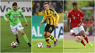 Staffel-Sieger: Wolfsburgs Nieland, BVB-Talent Bruun Larsen, Bayern-Ass Tillman (v.l.) © Getty Images/Imago