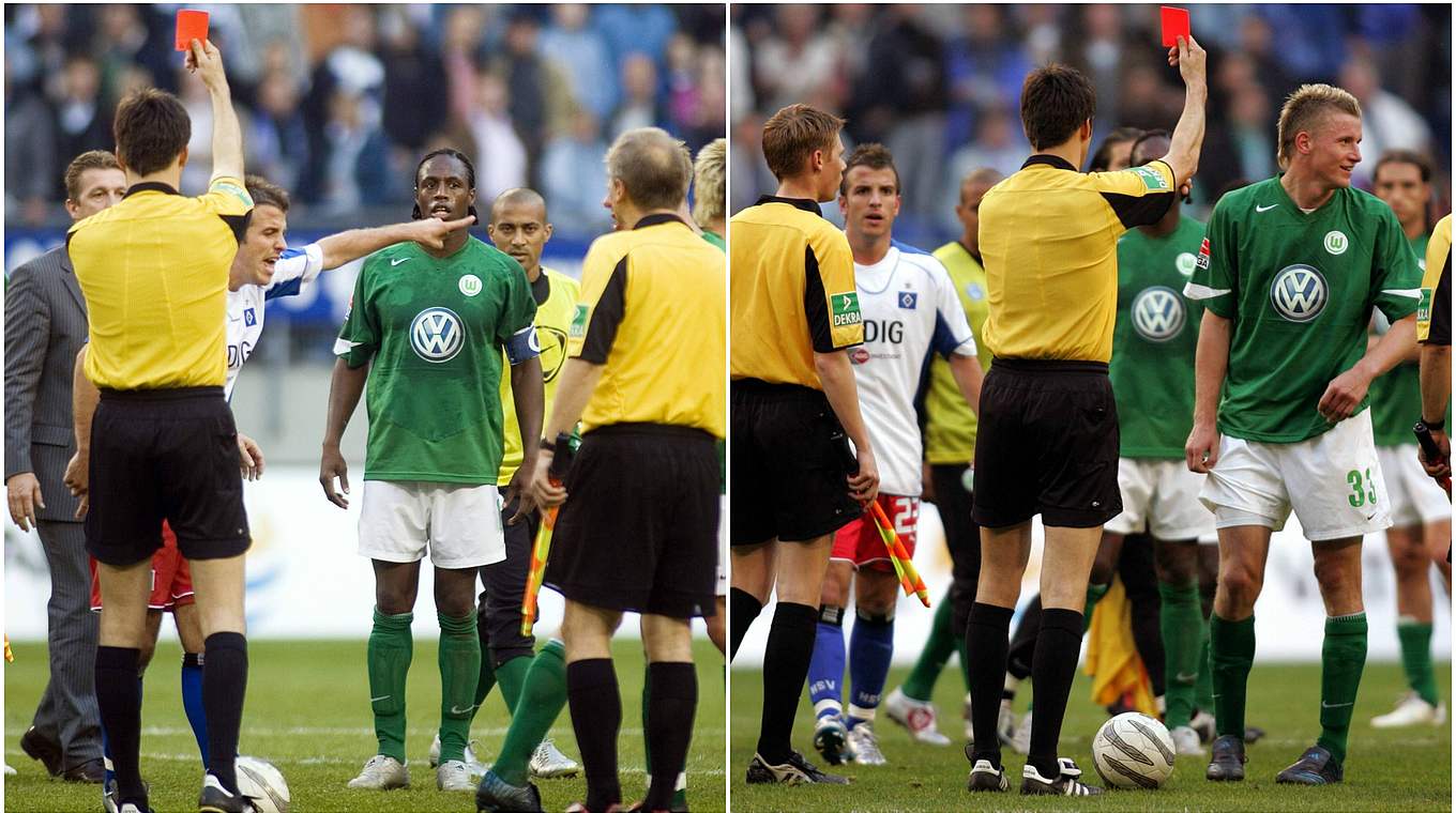 Zweimal Rot nach dem Abpfiff: Referee Stark (l.), Franz (r.) und van der Vaart 2005 © imago/Collage DFB