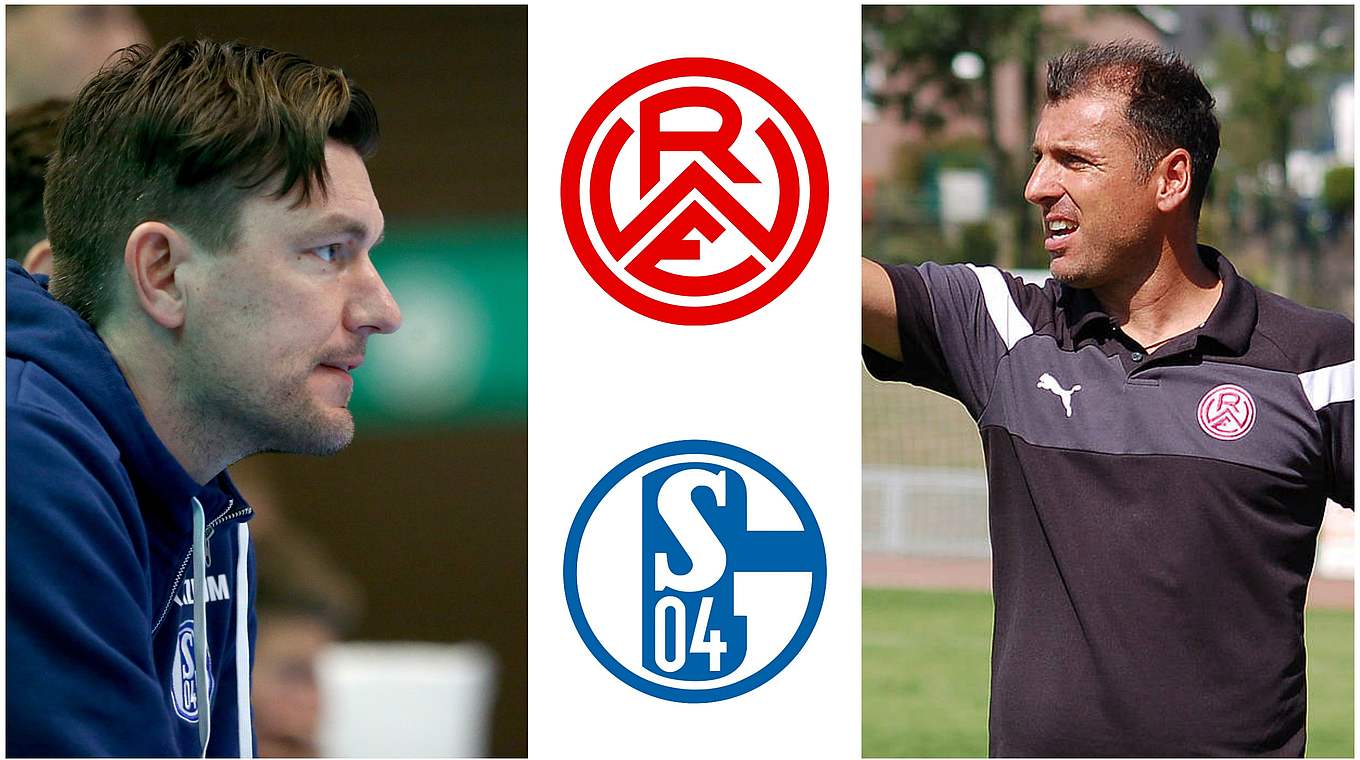 Unterschiedliche Zielsetzung: RWE-Coach Kotziampassis (r.) und Gegenüber Schmidt (l.) © Getty Images/MSPW/Collage DFB