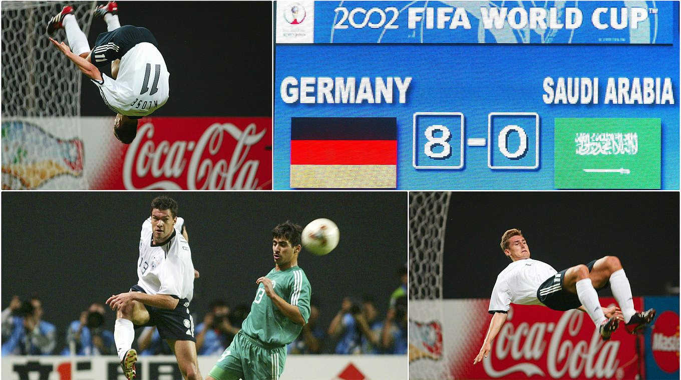 Perfekter WM-Start 2002: Deutschland schlägt Saudi-Arabien 8:0, Klose trifft dreimal © Getty Images/Collage DFB