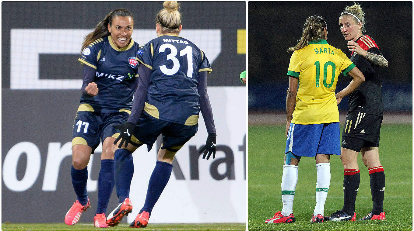 Zwei Stars, die sich gut kennen: Brasiliens Superstar Marta und DFB-Spielerin Anja Mittag © Imago/Collage DFB