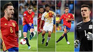 Spanische Schlüsselspieler: Niguez, Deulofeu, Asensio, Llorente, Arrizabalaga (v.l.) © AFP/Getty Images/Collage DFB