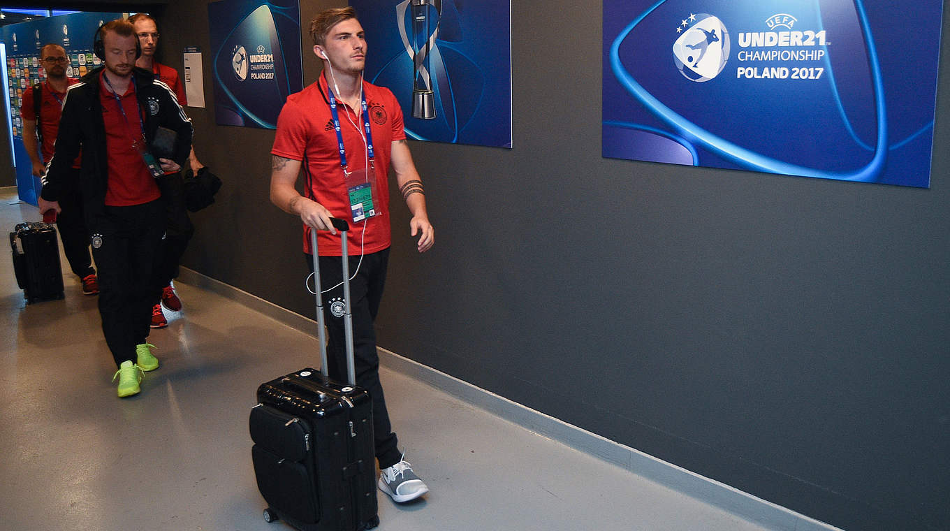 Die Ankunft am Stadion: Die deutsche U21 Nationalmannschaft vor dem Finale gegen Spanien.  © Â©SPORTSFILE