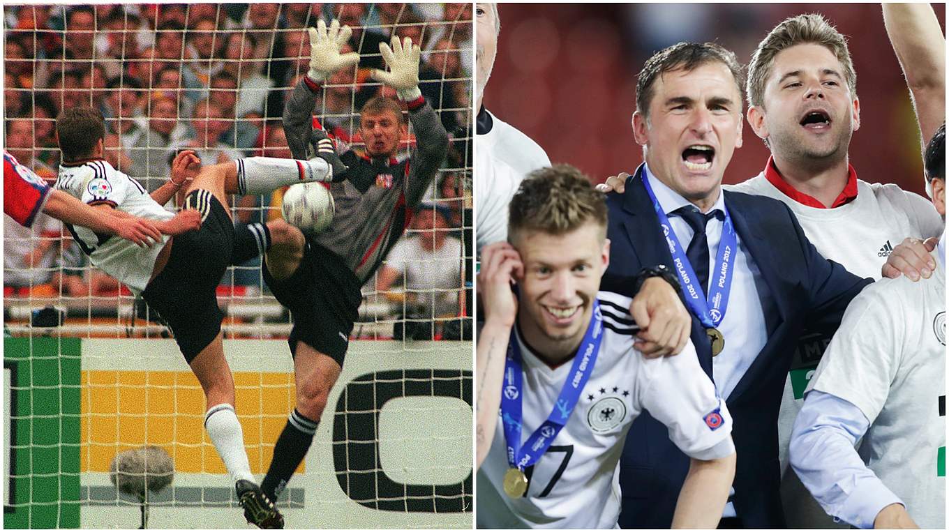 Europameister 21 Jahre danach: Stefan Kuntz als Spieler 1996 (l.) und Trainer 2017 (r.) © Getty Images/Collage DFB